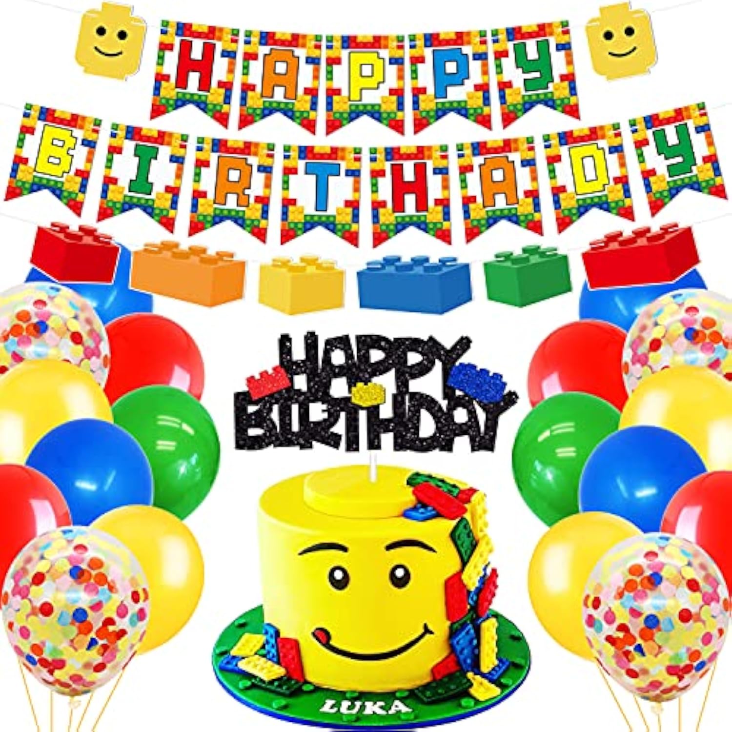 Building Blocks Themed Birthday Party Decorations Pack - Includes Glitter Cake Topper Banners And Balloons - Summer Colorful Themed Bday Party Pack Supplies