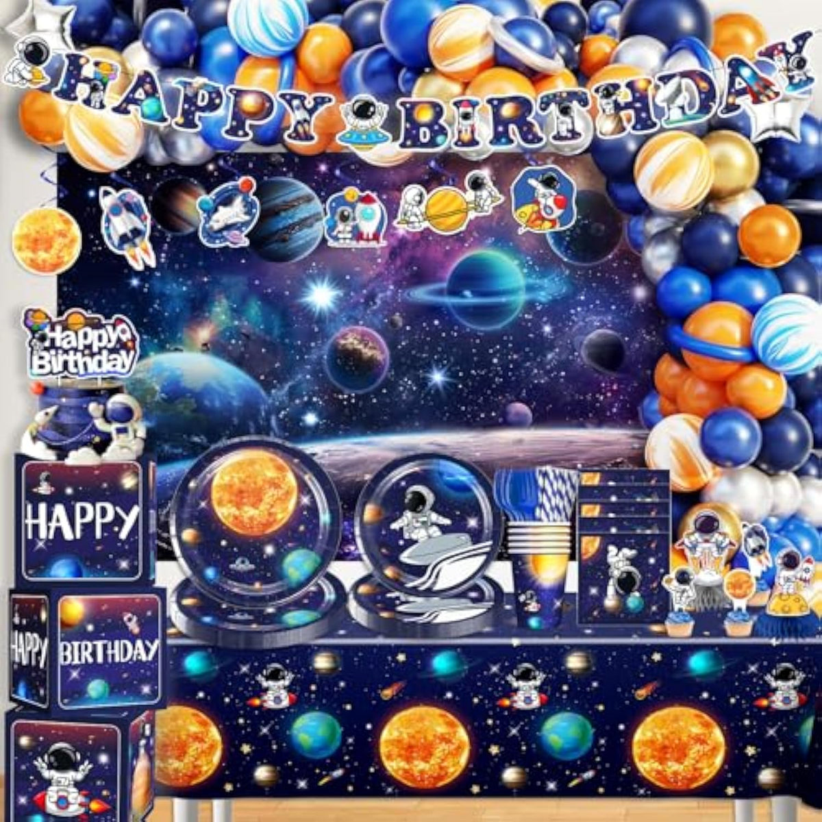 296Pcs Space Birthday Decorations, All-In-1 Party Pack, 25 Serves Disposable Tableware Set, Includes Balloon Boxes, Backdrop Tablecloth For Outer Astronaut Birthday Decorations