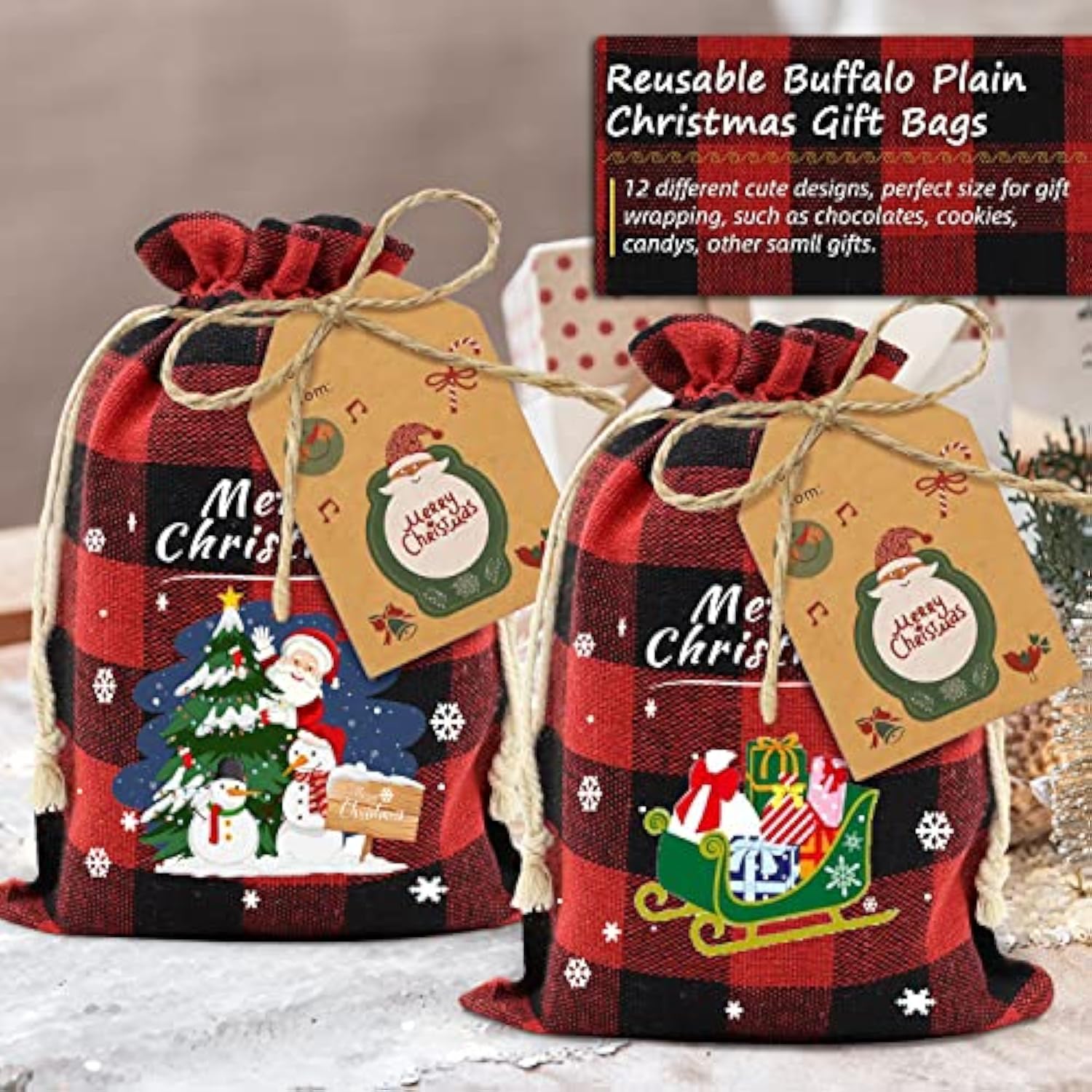 36Pcs Cotton Medium Christmas Drawstring Candy Treat Bags Buffalo Plaid Xmas Xmas Christmas Fabric Goody Gift Sacks Reusable Gift Wrapping Bags Holiday Party Favors - Red/Black