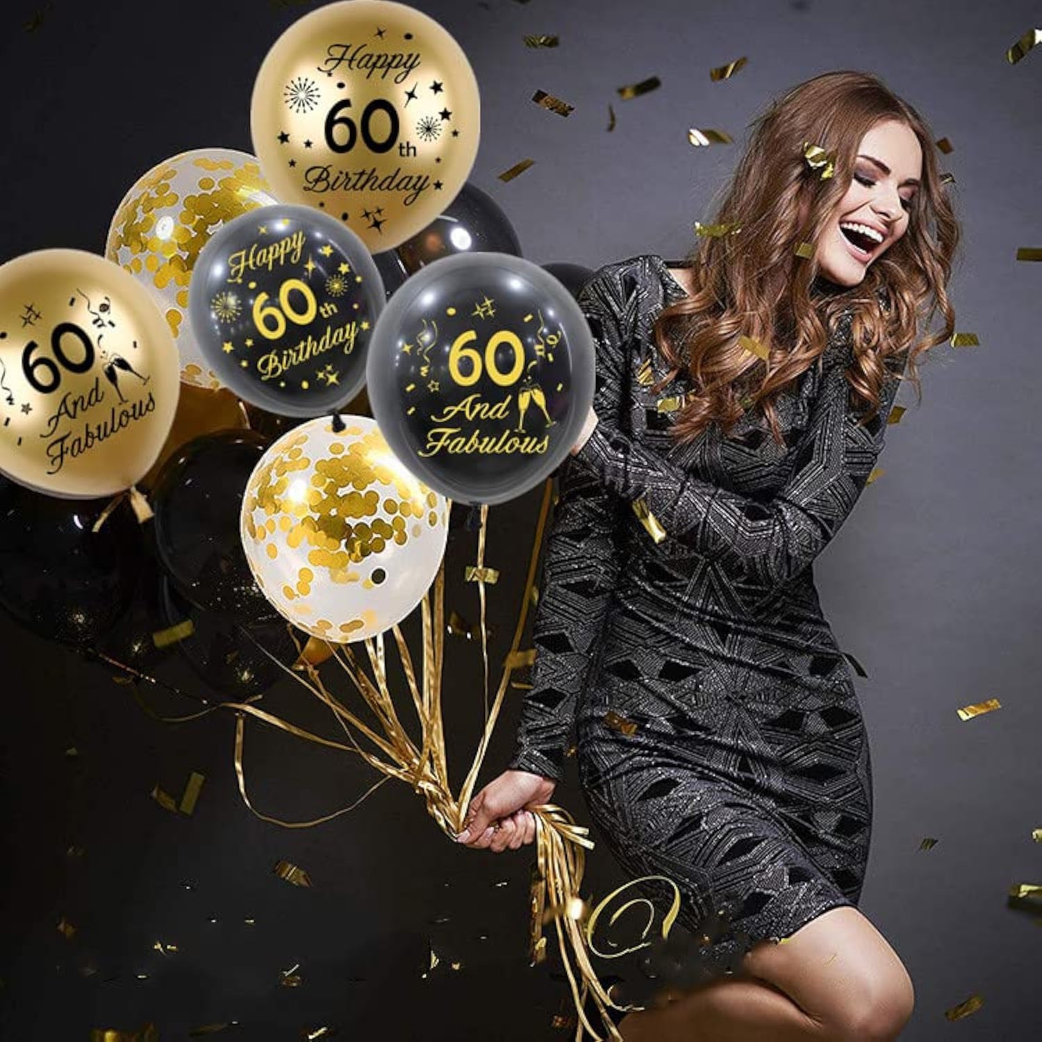 60Th Birthday Balloons, Black Gold Number 60 Balloons, 15Pcs Happy Birthday Balloons Party Deocorations Supplies, 12Inch Latex Confetti Balloons For Adult Men Women