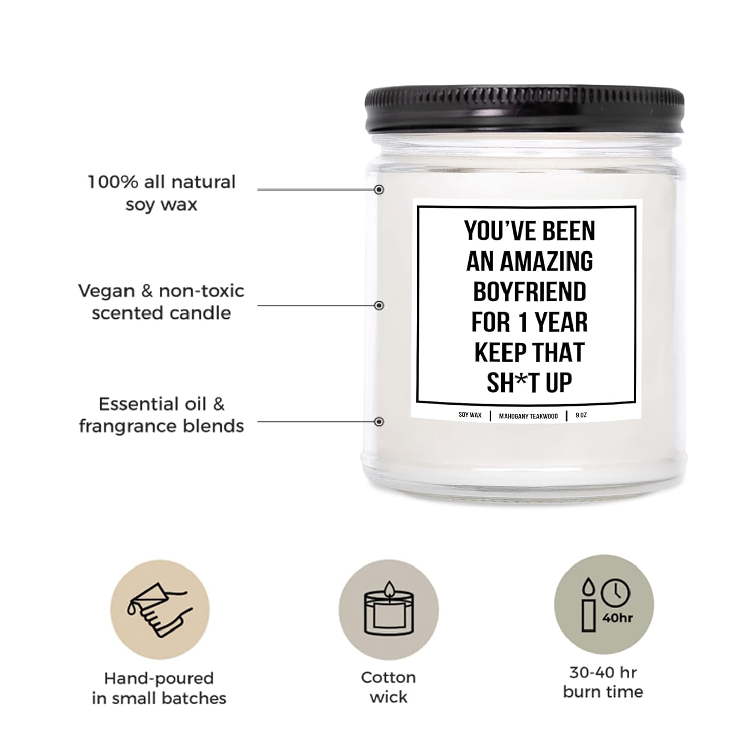 You Nique Designs 1 Year Anniversary Candle For Boyfriend, 9 Ounces, One Year, 1 Year Boyfriend Anniversary Candle, White All Natural Soy Vegan Aromatherapy Candles Scented (Eucalyptus & Spearmint)