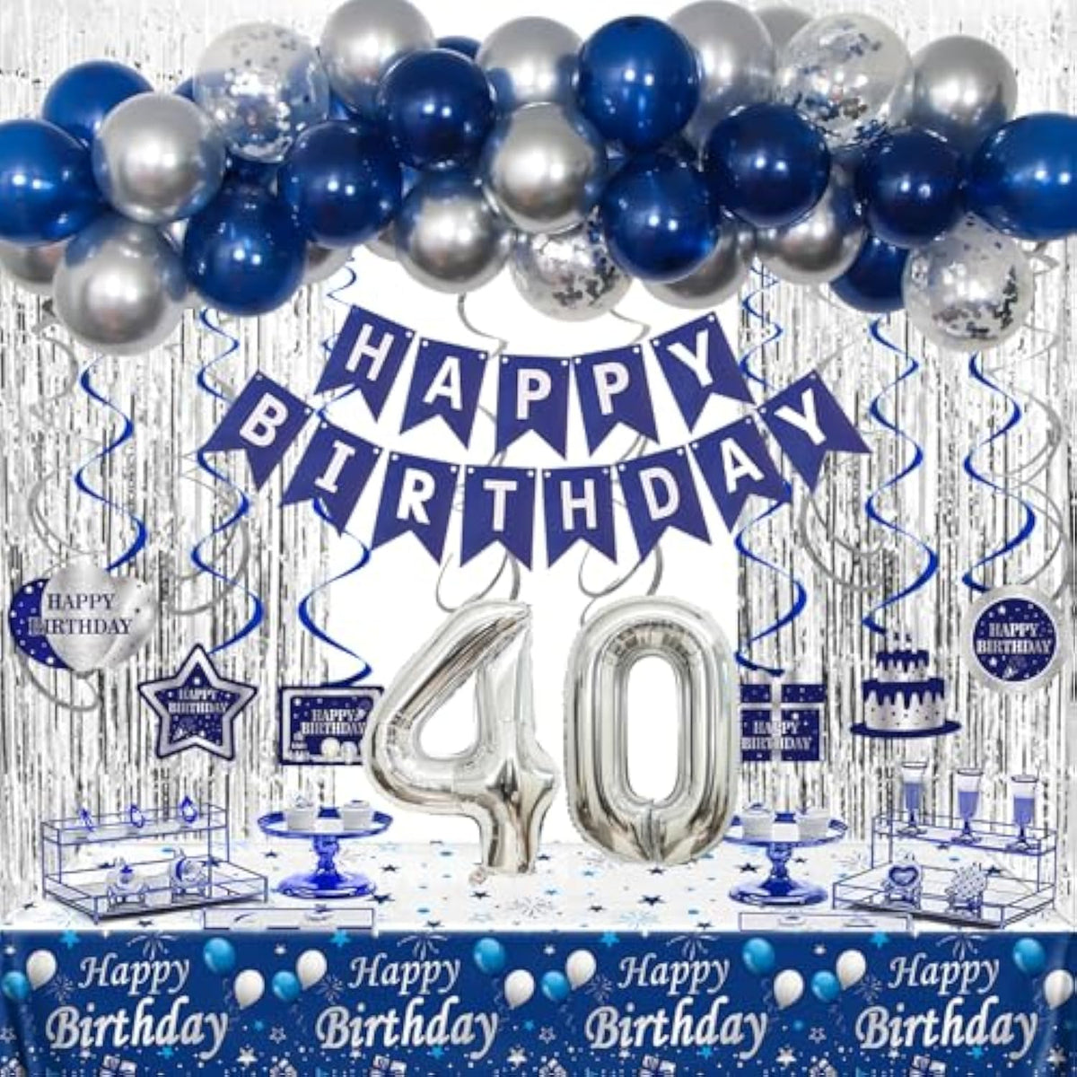 40Th Birthday Decorations For Men, Blue And Silver 40Th Birthday Party Decorations For Him, Happy Birthday Banner 40Th Birthday Balloons Tablecloth Fringe Curtains Hanging Swirls Bday Party Supplies