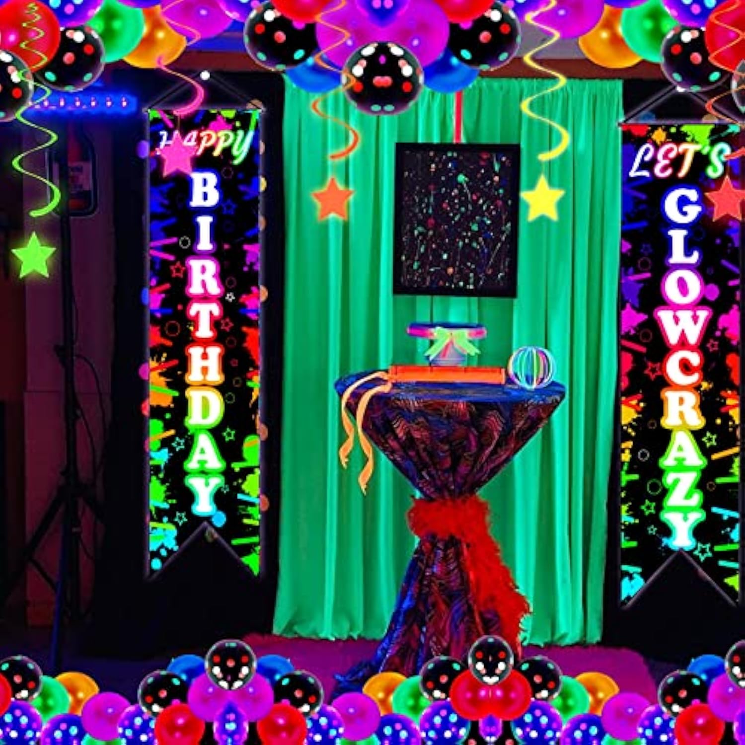 Glow In The Dark Birthday Party Decorations With Neon Balloons Garland, Porch Sign Let'S Glow Crazy - Party Supplies And Decor