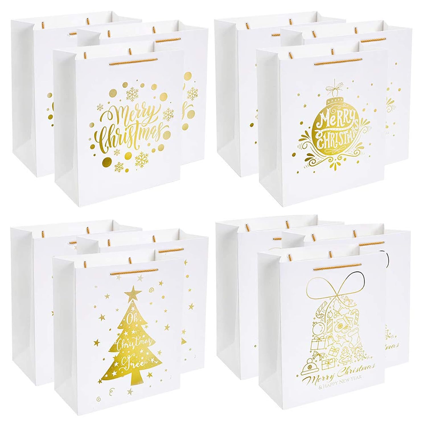 12Pcs Large White & Metallic Gold Foil Gift Bags, 4 Assorted Xmas Tree Snowflake Designs, Perfect For Christmas Thanksgiving New Year Party Favor