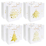 12Pcs Large White & Metallic Gold Foil Gift Bags, 4 Assorted Xmas Tree Snowflake Designs, Perfect For Christmas Thanksgiving New Year Party Favor