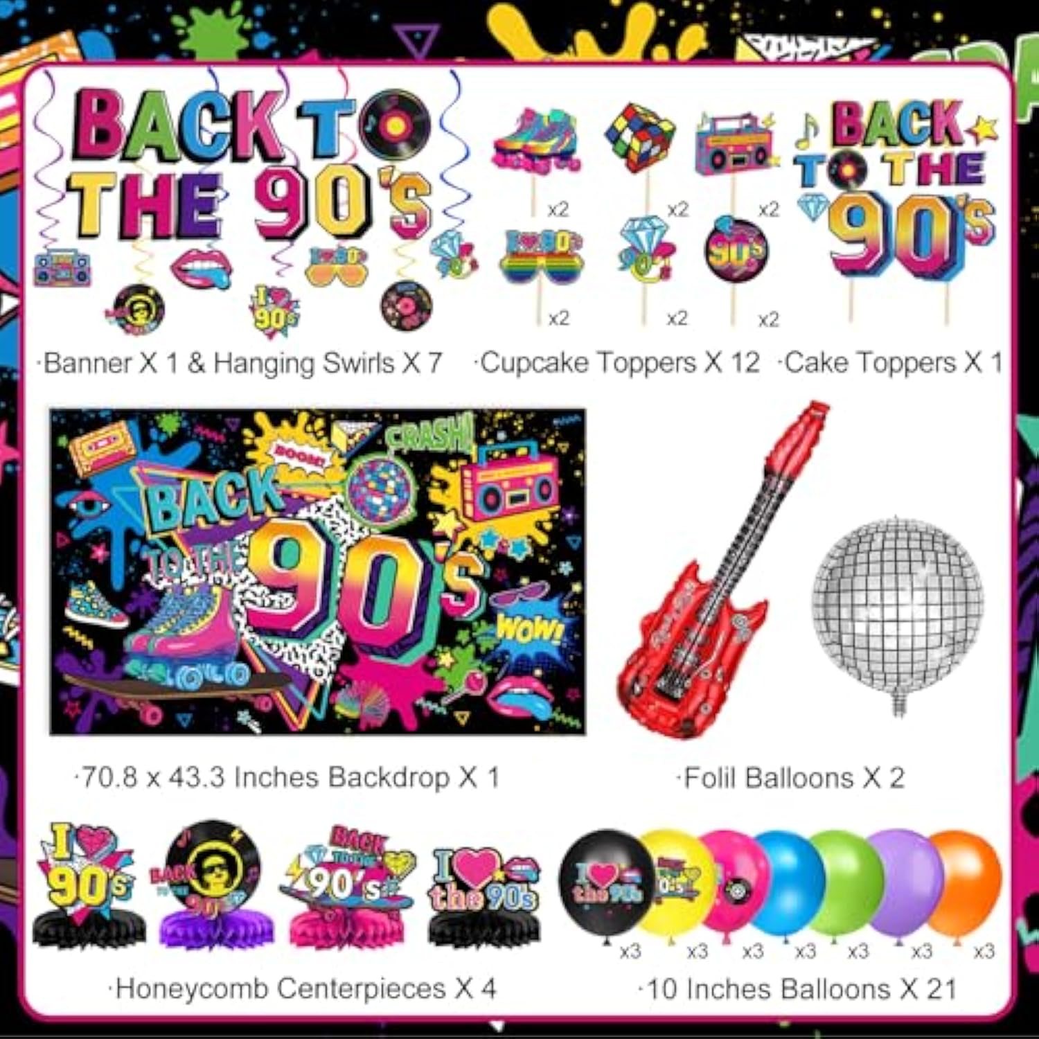 90S Party Decorations Includes 90'S Backdrop, Foil & Latex Balloons, Cake & Cupcake Toppers, Honeycomb Centerpieces Banner, Hanging Swirls For 80S 90S Party Decorations