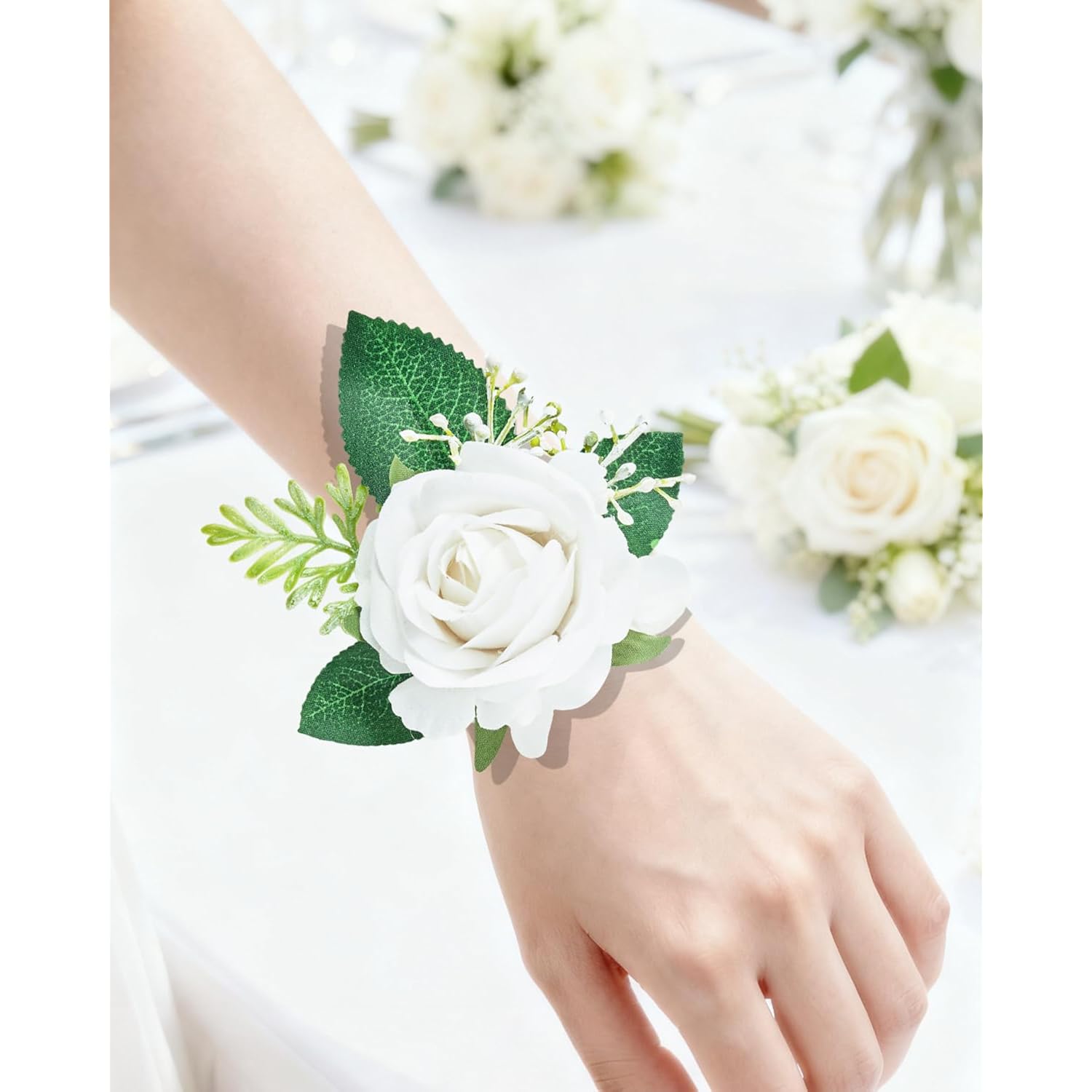 White Rose Wrist Corsage And Men Boutonniere, Artificial Rose Wrist Boutonnieres Flower For Wedding, Bride, Bridesmaids, Prom, Homecoming, Party