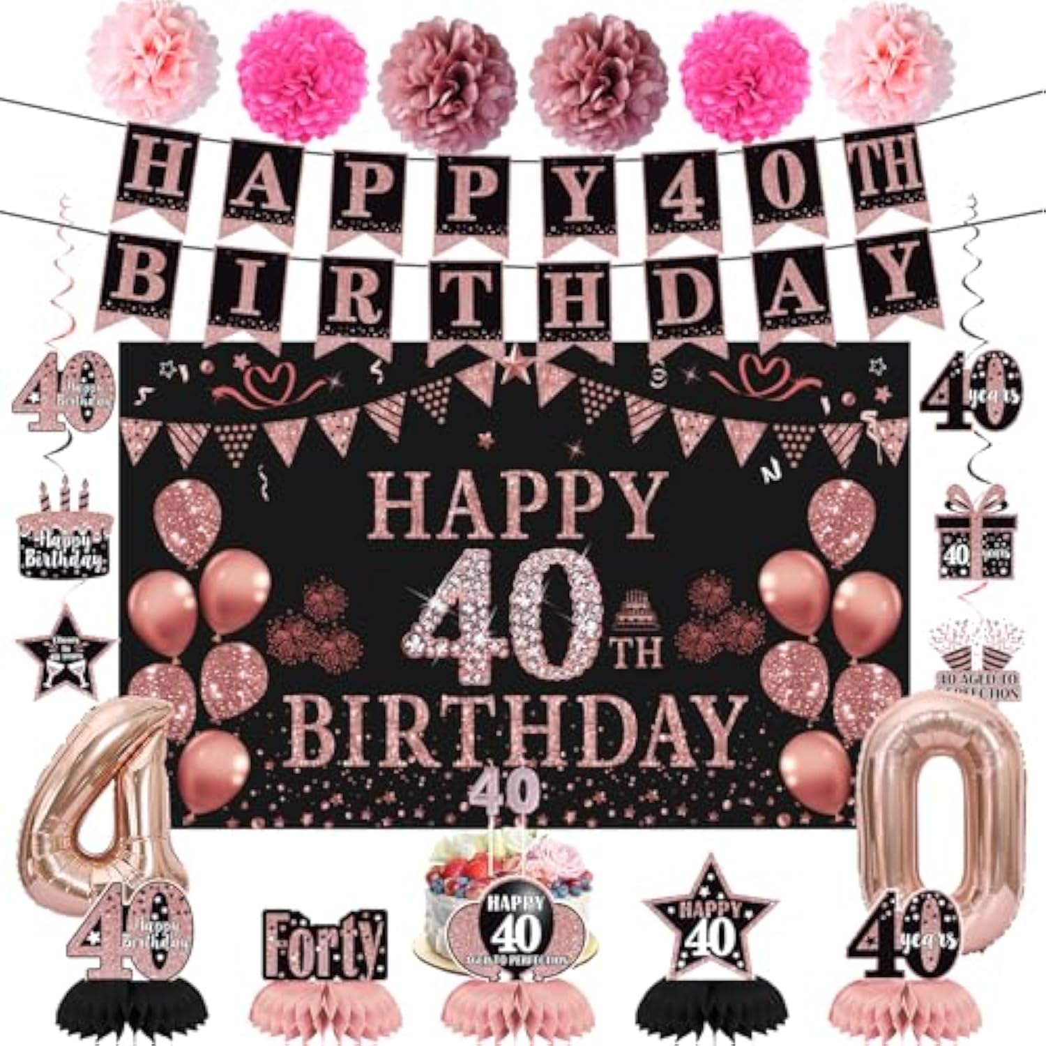 21pcs Rose Gold 40th Birthday Decor Set with Banner, Swirls & Balloons