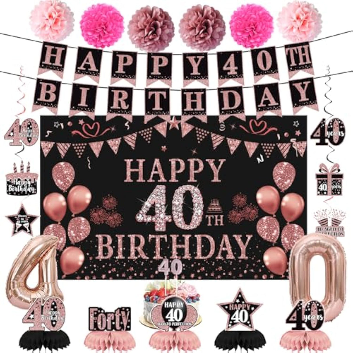 21pcs Rose Gold 40th Birthday Decor Set with Banner, Swirls & Balloons