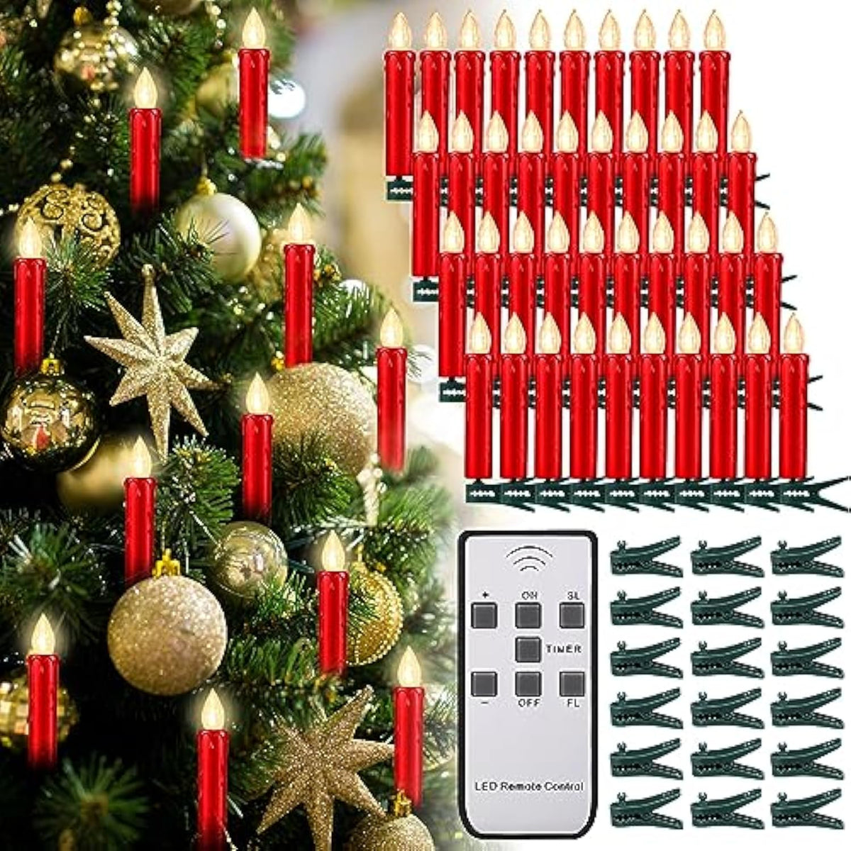 40 Pcs Christmas Led Window Candles With Remote Control And Tree Clips Light Flickering Battery Operated Candlesticks Flameless Candles For Christmas Indoor Outdoor(Red)