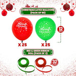 , Merry Christmas Balloons - Pack Of 50, 12 Inch | Printed Red And Green Balloons For Christmas Party Decorations | Holiday Balloons, Christmas Balloons Decorations | Christmas Latex Balloons