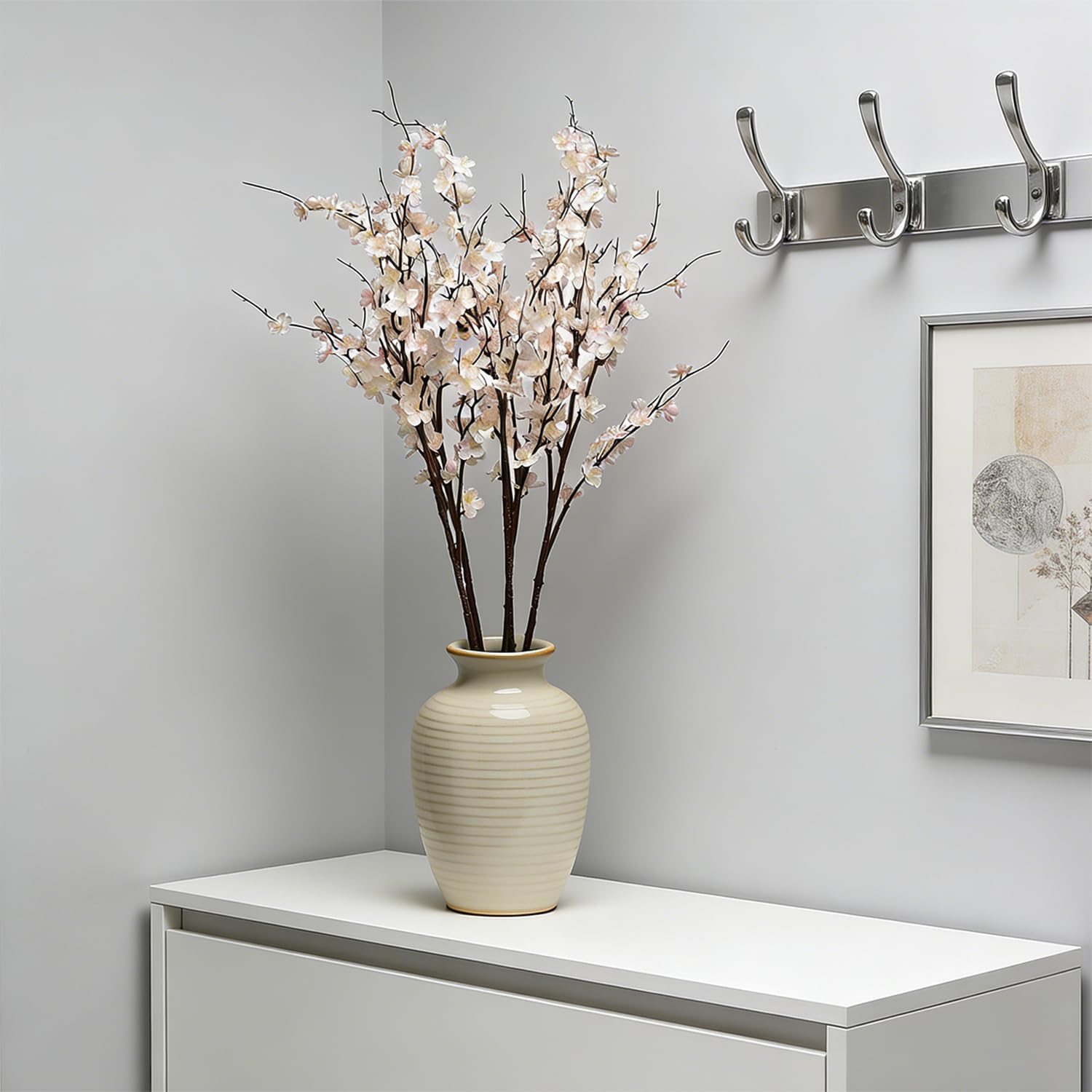 Artificial Cherry Blossom Branches For Vase Faux Cherry Blossom Stems Long Stem Artificial Flowers For Tall Vase (5, White)