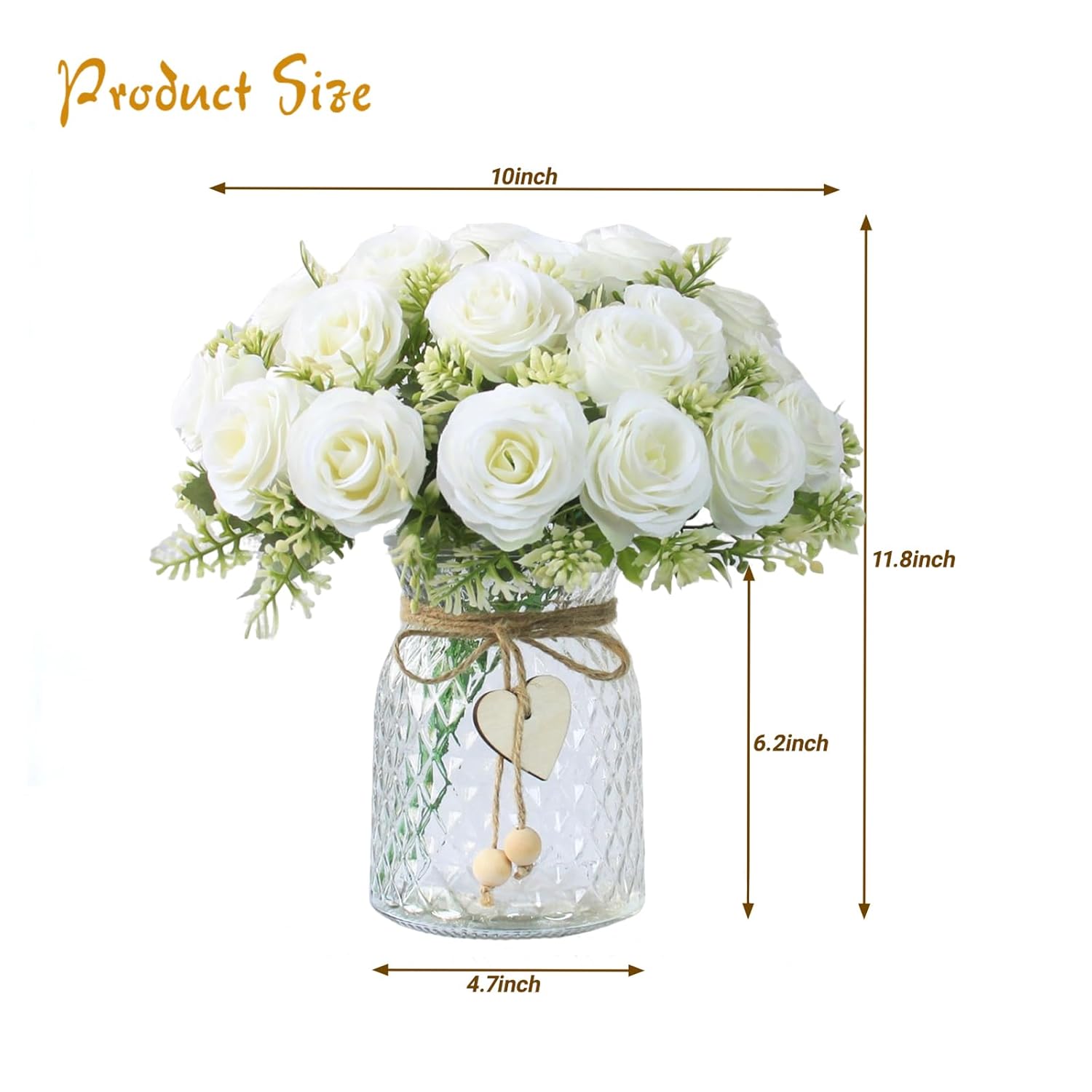 Fake Flowers In Vase,Fake Flowers With Vase 18 Pcs Faux Rose Flowers,Artificial Flowers For Home Decor, Indoor Centerpiece For Living Room & Dining Table (White)