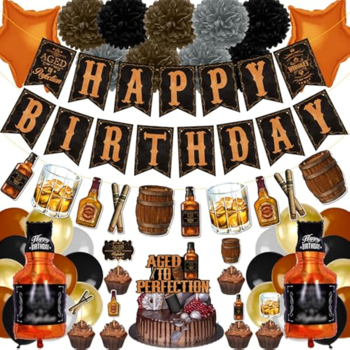 Whiskey Birthday Decoration Set: Aged to Perfection Party Decor