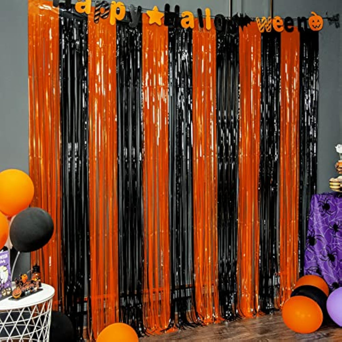5 Pack Orange Black Foil Fringe Curtains 3.26x6.6ft Halloween Backdrop Party Decor