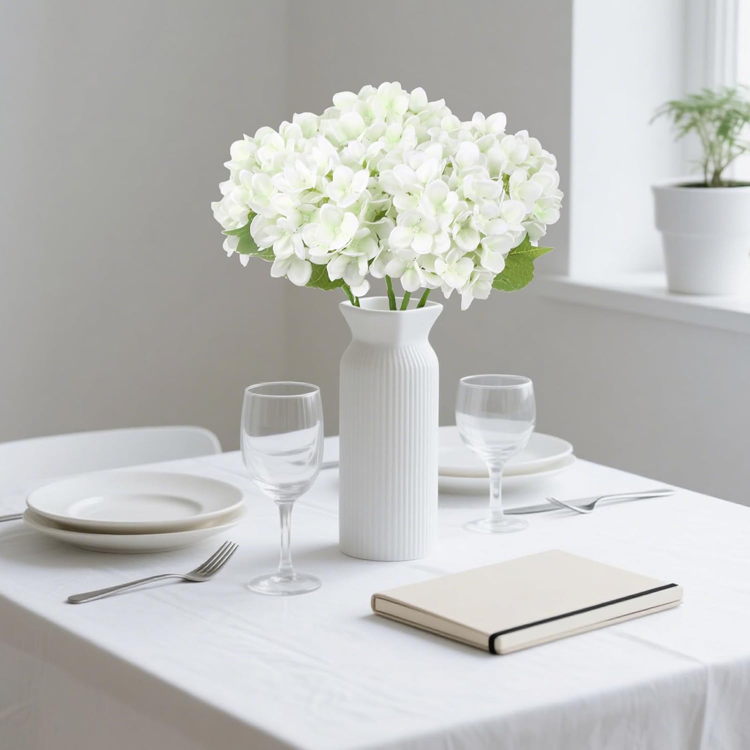 White Hydrangea Artificial Flowers 5Pcs Fake Silk Hydrangeas Faux Flowers With Stems For Vase Table Centerpiece Home Wedding Party Garden Decoration(White)