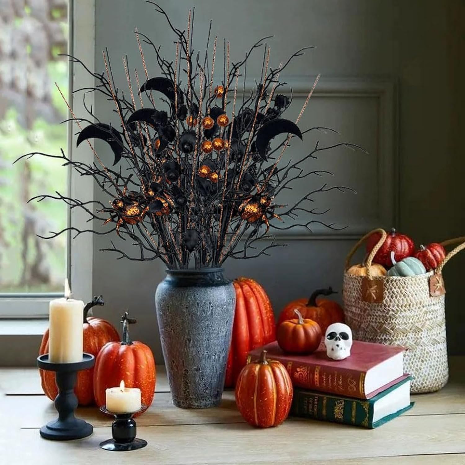 4 Pcs Artificial Halloween Floral Picks Purple Orange Black Berry Stems Halloween Tree Branches For Flower Arrangemant Table Centerpiece Halloween Diy Crafts Festival Home Decoration (Black)