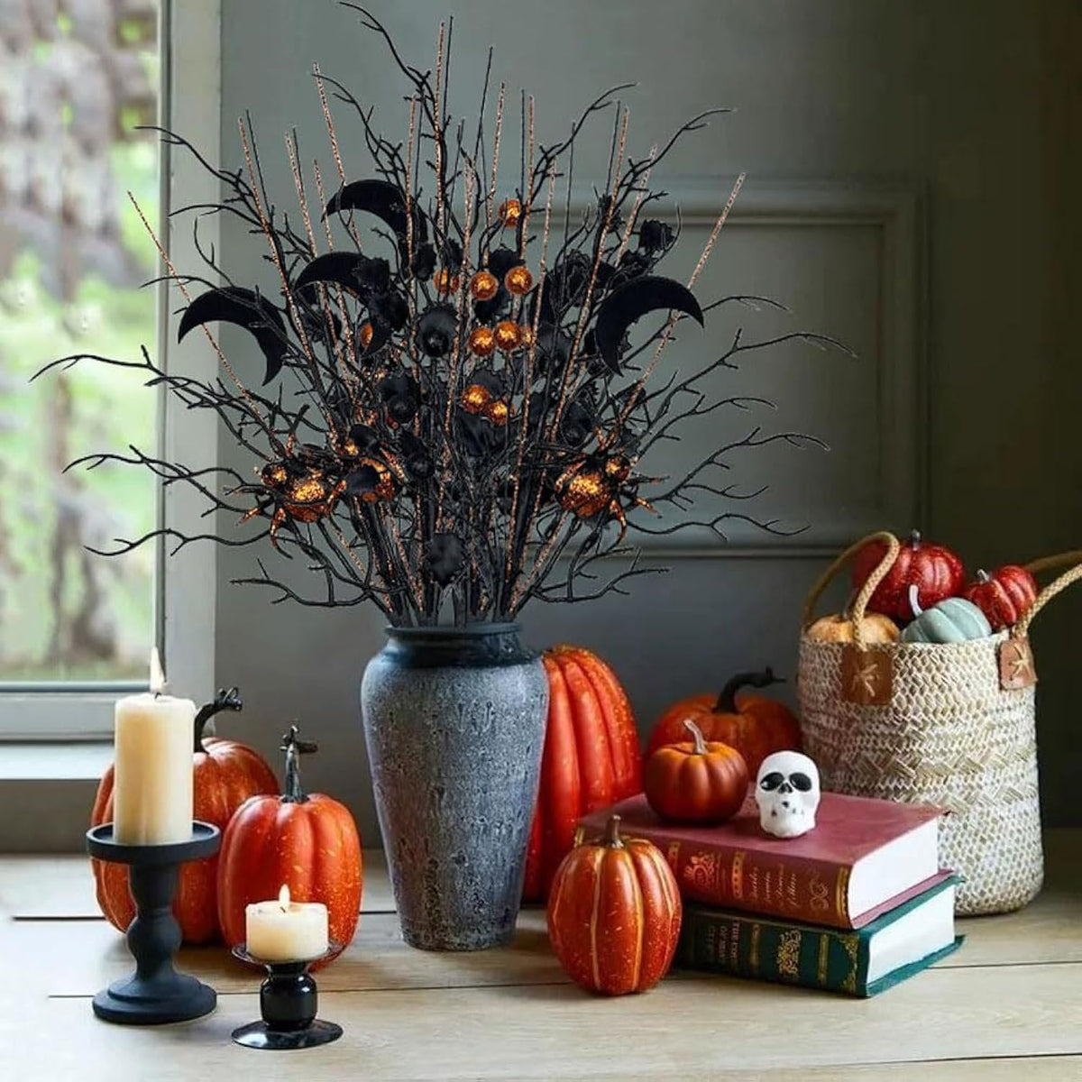 4 Pcs Artificial Halloween Floral Picks Purple Orange Black Berry Stems Halloween Tree Branches For Flower Arrangemant Table Centerpiece Halloween Diy Crafts Festival Home Decoration (Black)