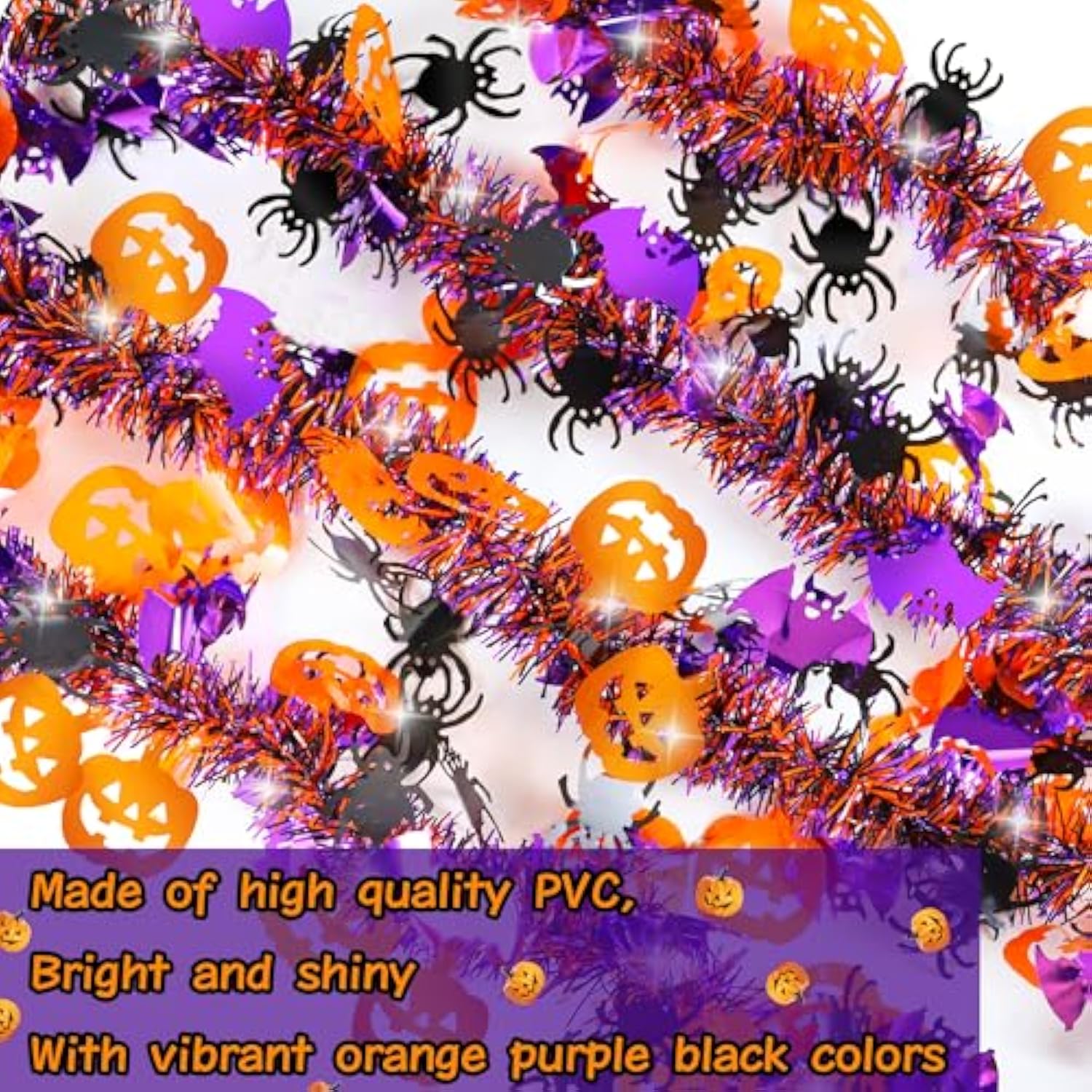 50Ft Halloween Tinsel Garland - Orange Pumpkin, Black Spider & Purple Bat Metallic Party Decor
