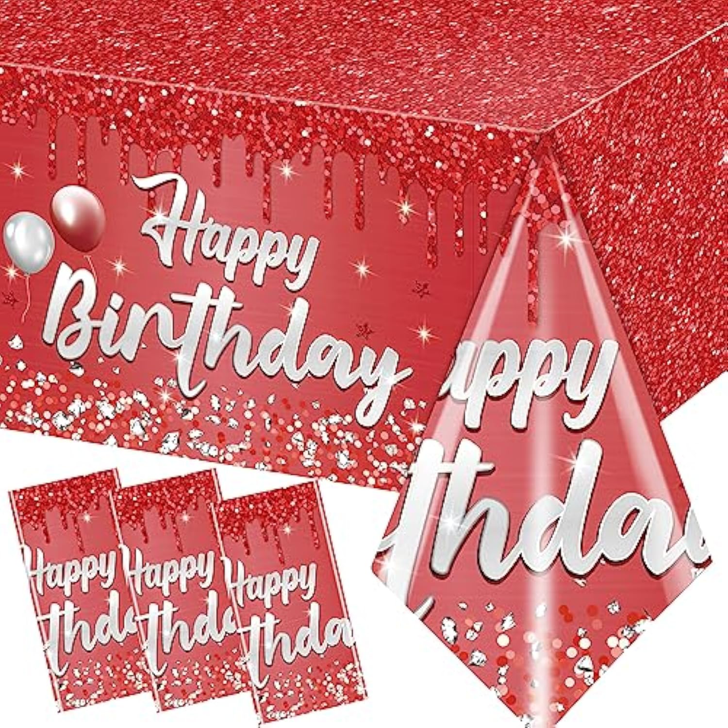 3pcs Red and Silver Glitter Birthday Tablecloths for Party Decorations