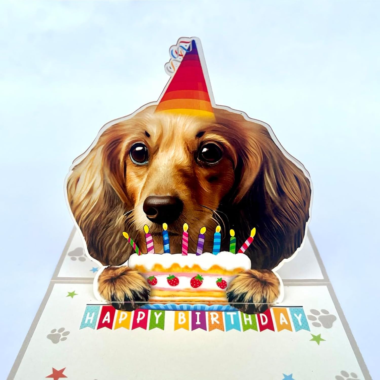 3D Pop-Up Long Haired Dachshund Dog Birthday Card - Dachshund Dog With Cake Celebration, Whimsical Happy Birthday Greeting For Dachshund Dog Lovers - Dachshund Dog 3D Birthday Pop Up Card