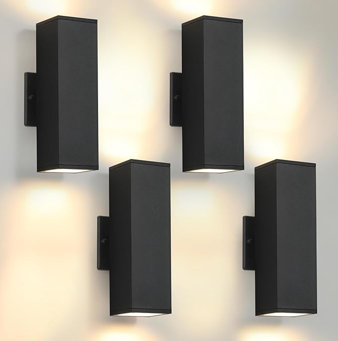4 Pack Matte Black LED Square Up Down Outdoor Wall Lights for House Garage Porch Doorway