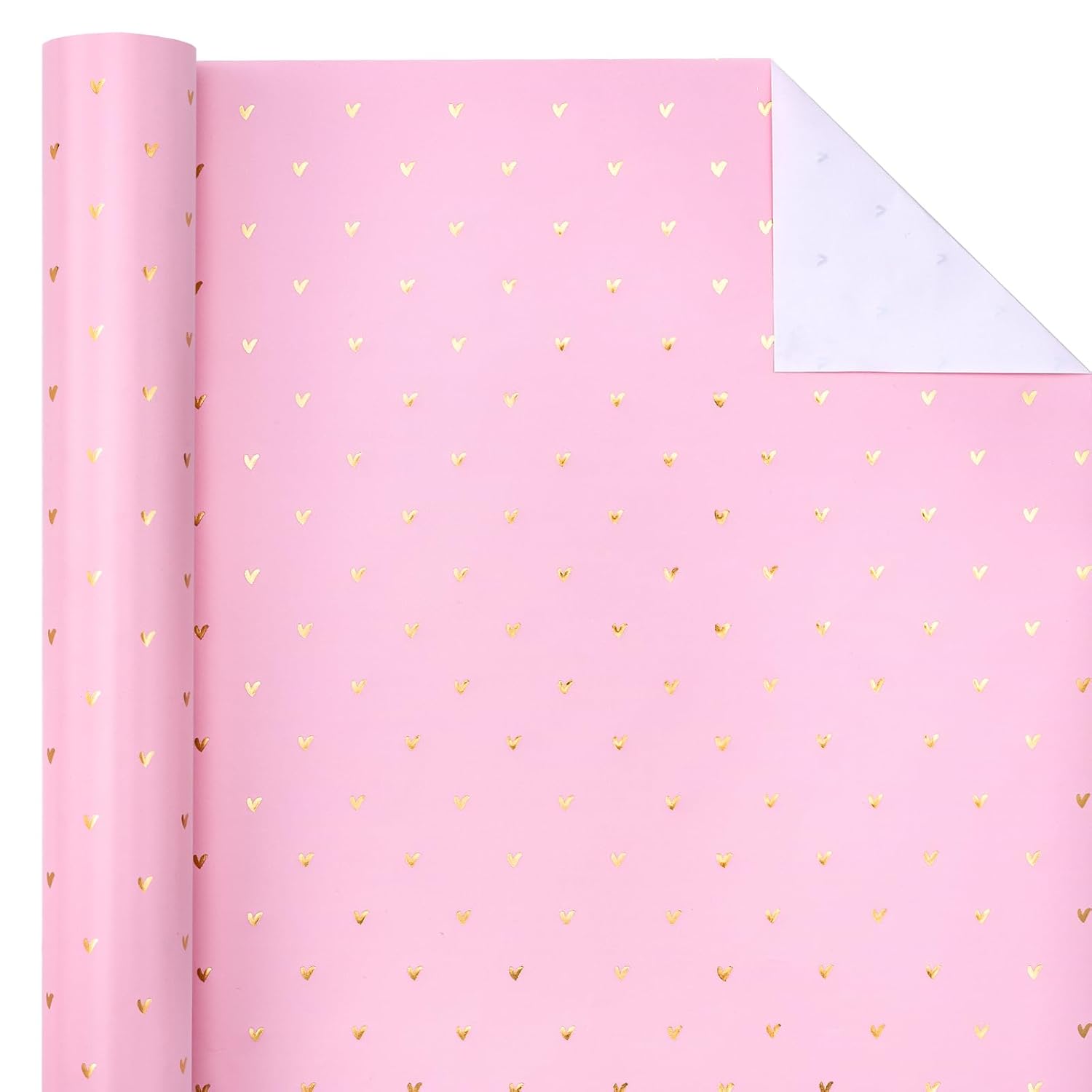 Valentine'S Day Wrapping Paper - Mini Roll - 17 Inch X 33 Feet - Sweet Gold Foil Pink Love Heart Design For Valentine'S Day, Wedding, Anniversary, Birthday, Baby Shower