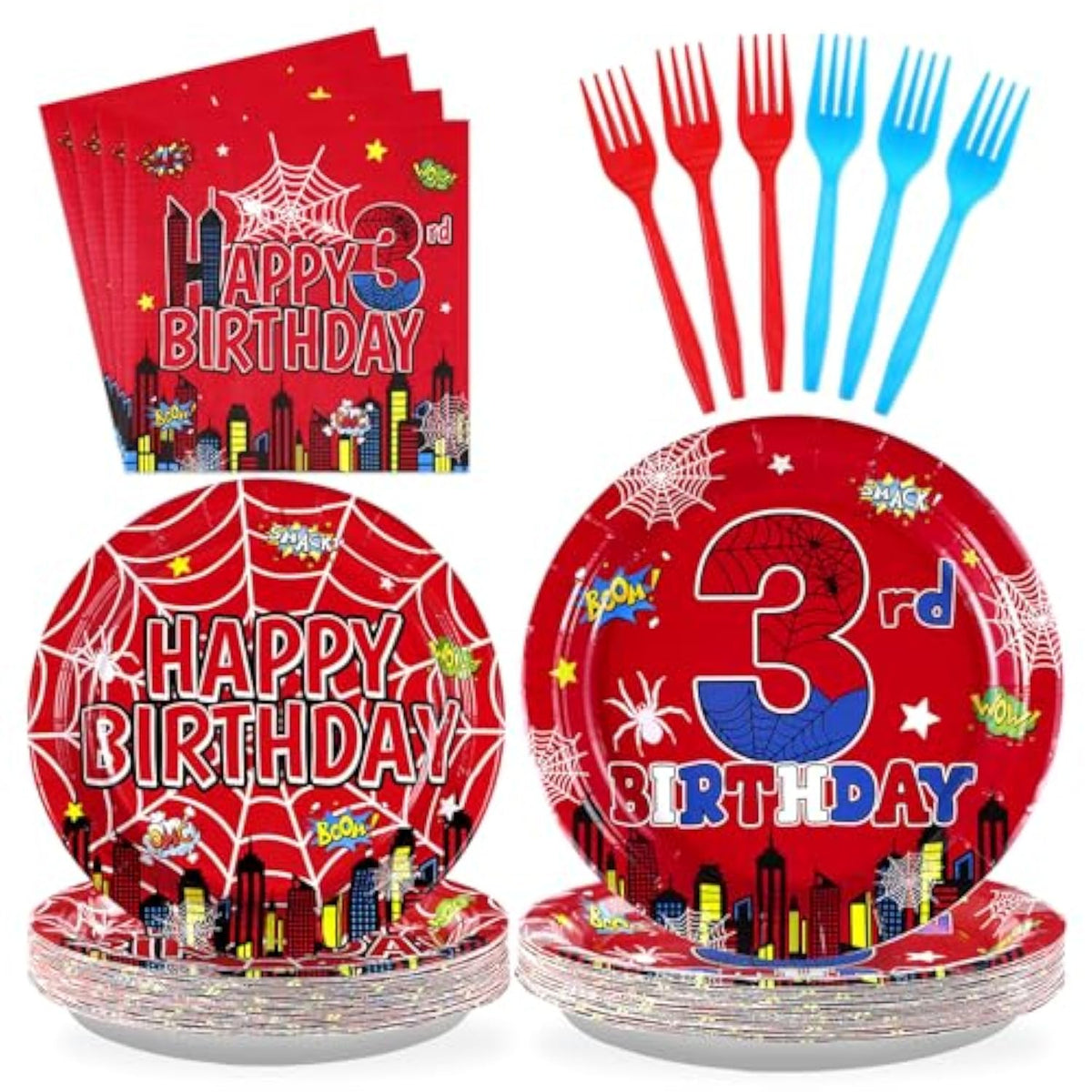 96Pcs Spider 3Rd Birthday Decorations For Boys Super Theme Hero 3Rd Birthday Plates And Napkins Blue Red Spider Three Year Old Decoration Favors For Kids 3 Year Old Party Supplies Serves 24