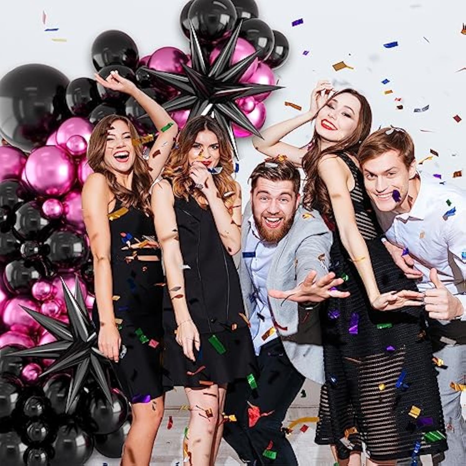 Hot Pink And Black Balloon Arch Kit, 5 10 18 Inch Birthday Party Balloons, Metallic Magenta Black Garland Kit With 2 Black Explosion Star Balloons, Diy Balloon Arch For Birthday Party Decoration