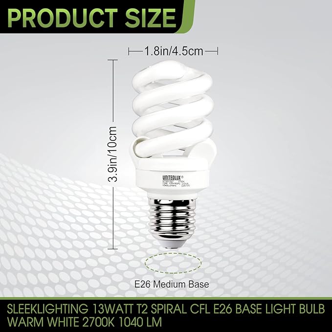 E26 Spiral CFL Light Bulbs 13W 60W Equivalent 2700K Soft White 1040 Lumens Non-Dimmable 3 Pack