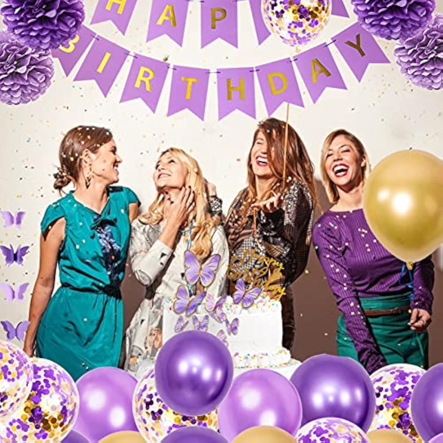 Purple Birthday Decorations For Women Girls Butterfly Hanging Garland Happy Birthday And Circle Dots Banner Purple Gold Balloons Paper Flowers Cake Toppers For Party Decor Supplies