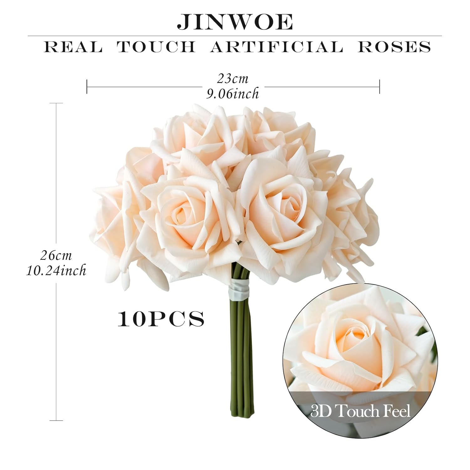 10Pcs Cream Real Touch Roses Flowers, Lifelike Full Bridal Bouquet Artificial Flowers For Flower Arrangement Home Party Spring Wedding Decoration