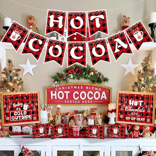 Hot Cocoa Bar Decoration Kit Snowflake Hot Cocoa Bar Banner Christmas Hot Chocolate Bar table signs Toppings Labels Cup Stickers for Winter Birthday Christmas, New Year Decoration
