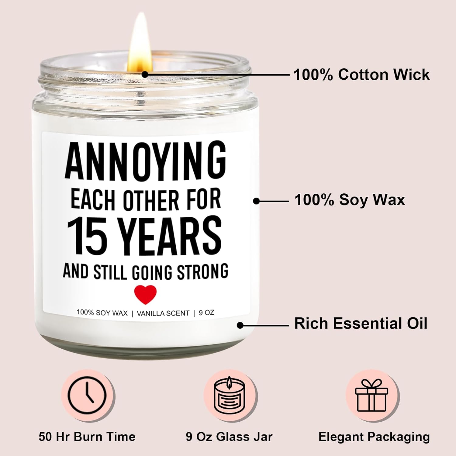 Funny 15 Years Candle, 15 Year Anniversary, Gifts For Him, Her - 15Th Anniversary, Gifts For Men, Women, Husband, Wife, Couple - 15Th Wedding Anniv. Crystal Presents - 9 Oz