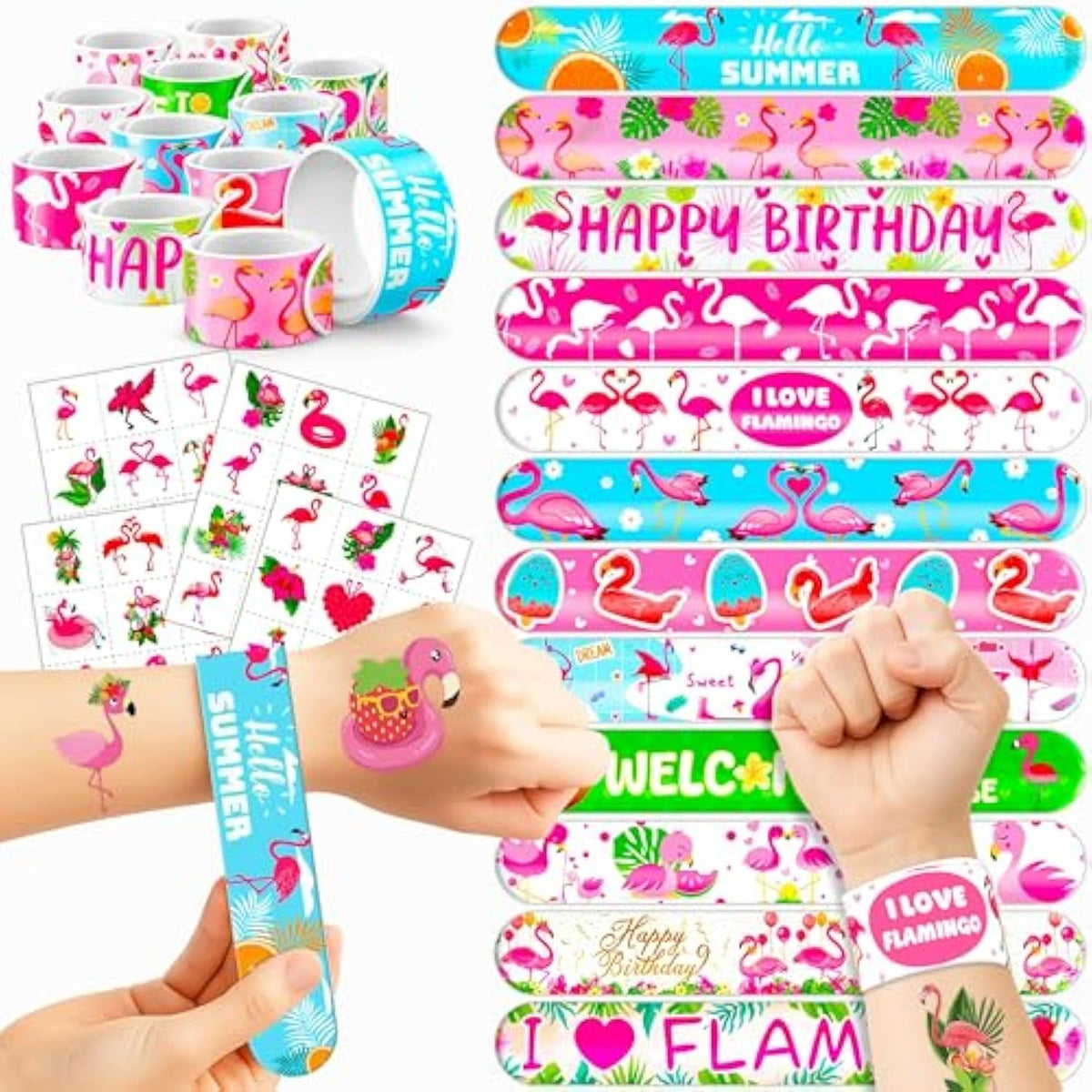 72 Pcs Flamingo Party Favors - 48 Temporary Pre-Cut Tattoos & 24 Slap Bracelets – Party Favors For Boys & Girls, Birthday Goodie Bag Fillers, Baby Shower Gifts, Classroom Rewards