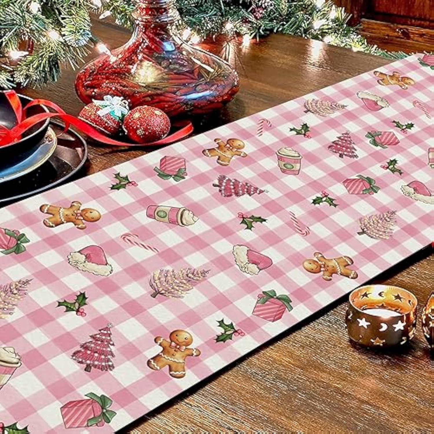 Christmas Table Runner Pink Plaid Tree Gingerbread Candy Xmas 13 X 72 Inch Winter Holiday Home Kitchen Merry Christmas Table Decor