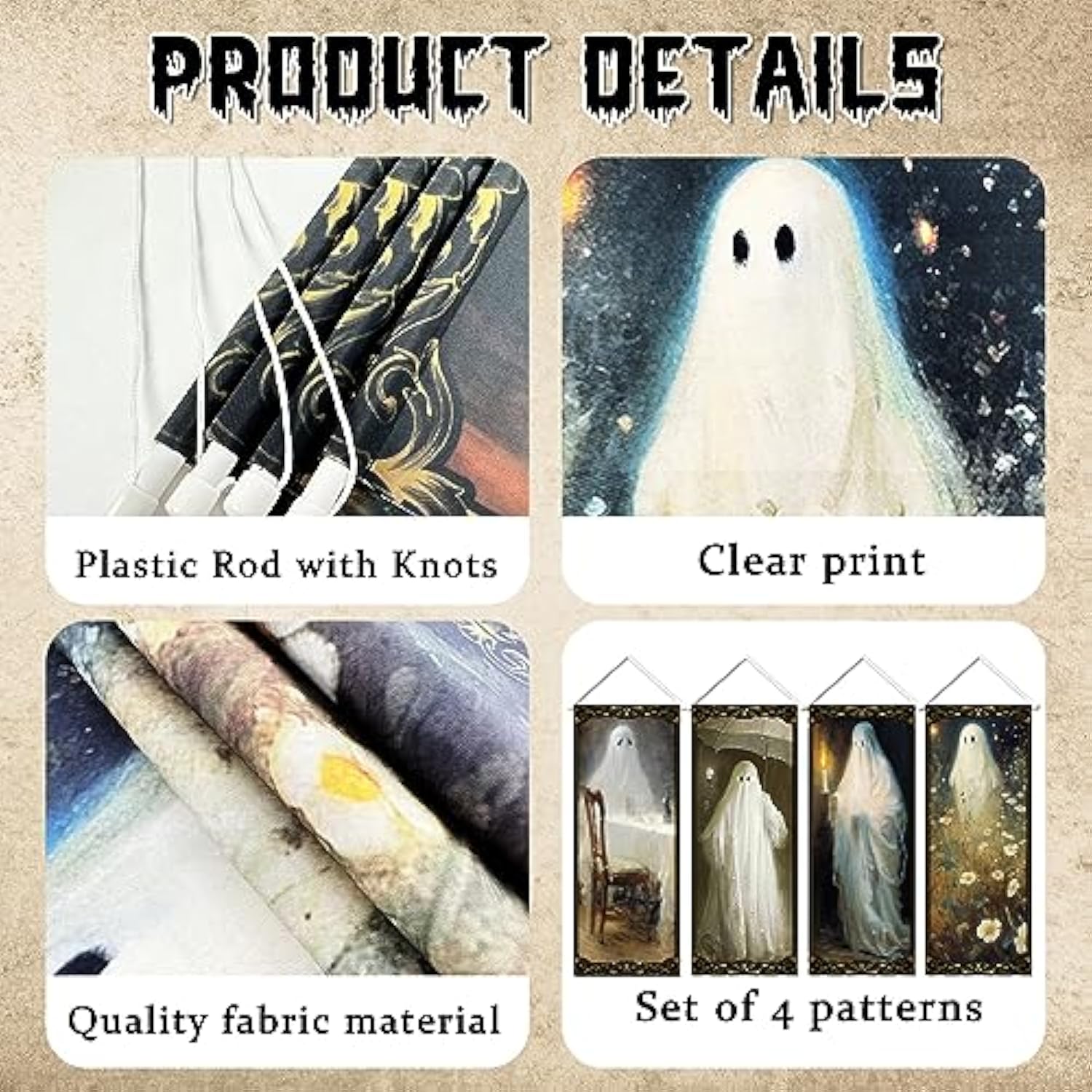 4 Pcs Vintage Halloween Hanging Banners, Ghost Candle Photo Backdrop Indoor Outdoor