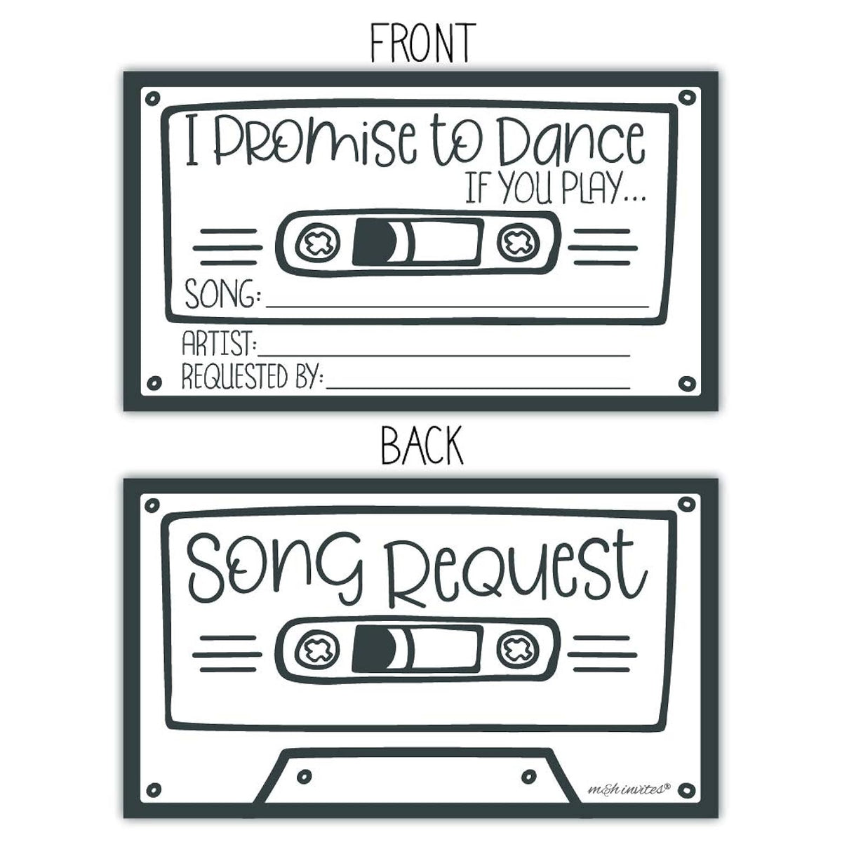50 Retro Cassette Promise To Dance Cards - Song Request Cards For Wedding - Music Suggestion Tickets