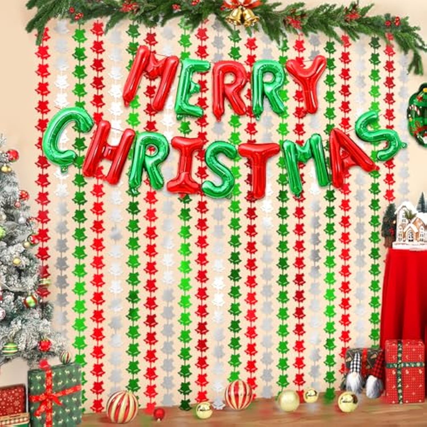 2-Pack Christmas Foil Fringe Curtains with Balloons, Bell Tinsel Party Backdrop