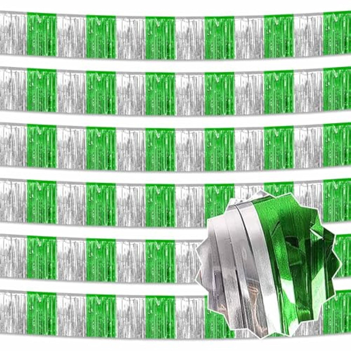6 Pack 10 Ft Silver Green Foil Fringe Garland Metallic Streamers Tinsel Banner Wall Hanging Garland Backdrop For Parade Floats, Halloween, Christmas, Thanksgiving, New Year Party Decorations