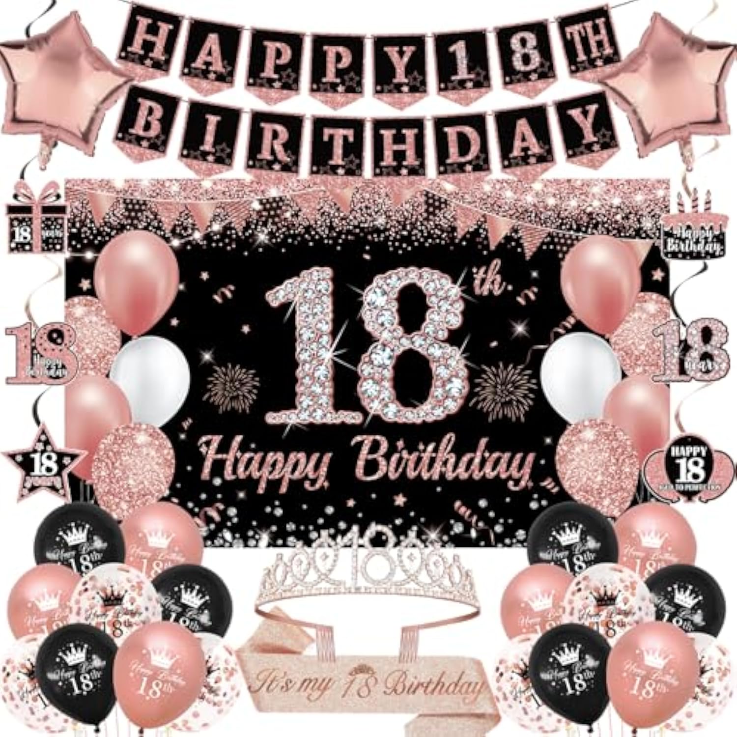 18Th Birthday Decorations For Girls, 30Pcs Black Rose Gold Happy Birthday Party Supplies, 18Th Crown And Sash, Banner, Hanging Swirl Flag, Balloons, 18 Year Old Party Decorations Kit