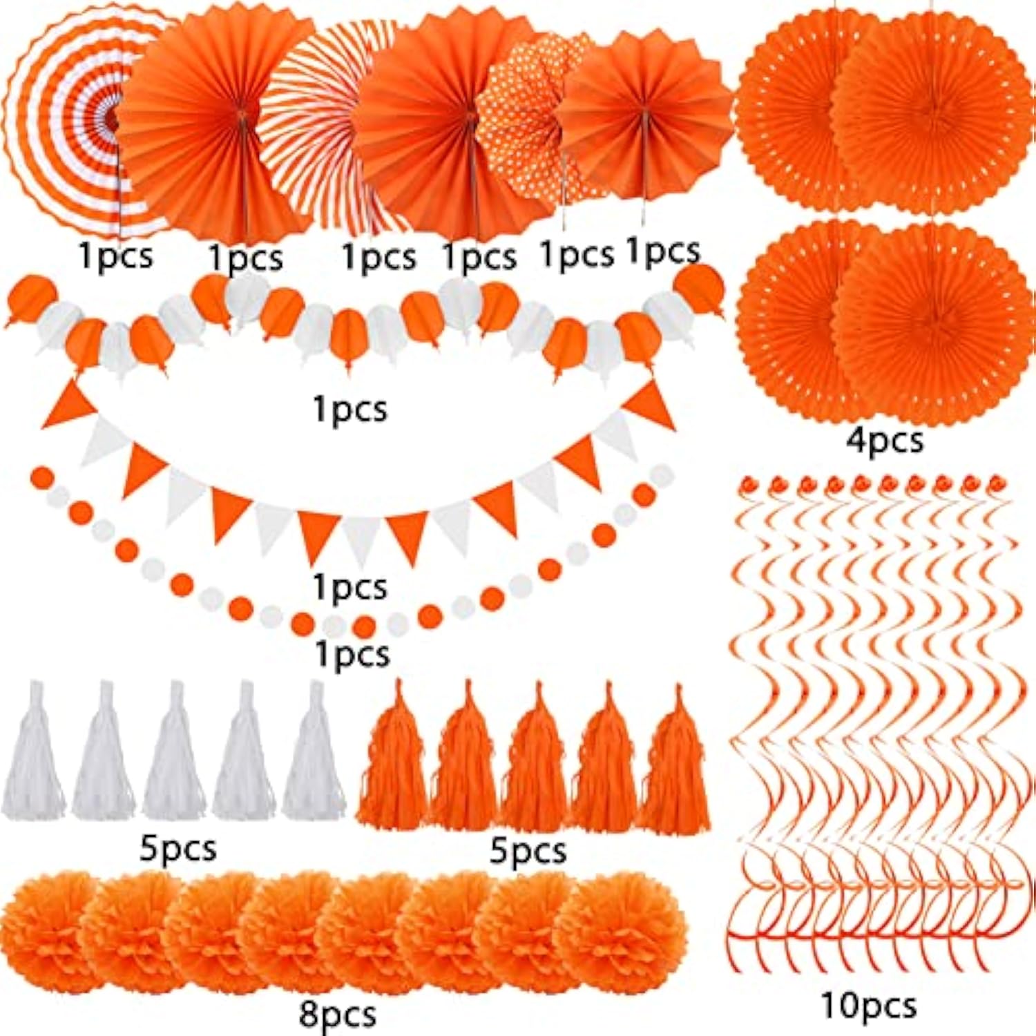 41Pcs Orange Party Decor Set with Fans, Pompoms, Tassels & Garlands