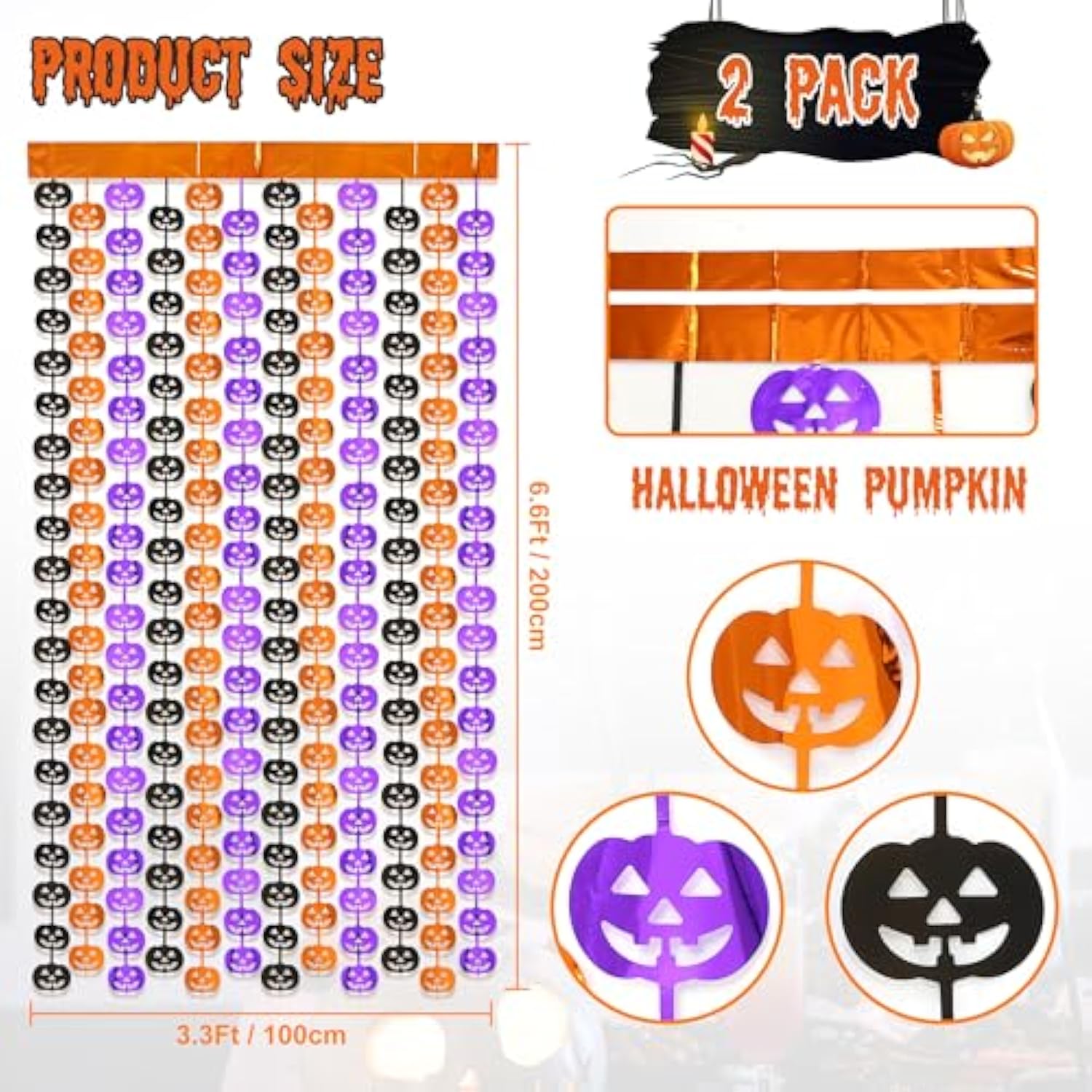 2 Pack Halloween Foil Fringe Curtains Backdrop Orange Purple Black Pumpkin Decor