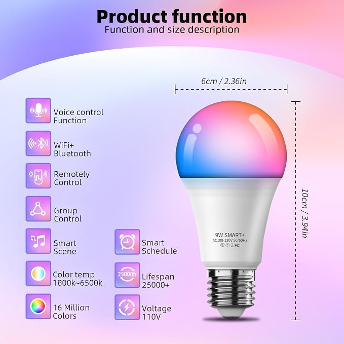 Smart Light Bulbs 6 Pack A19 E26 RGB Color Changing WiFi Alexa Google Compatible with Remote