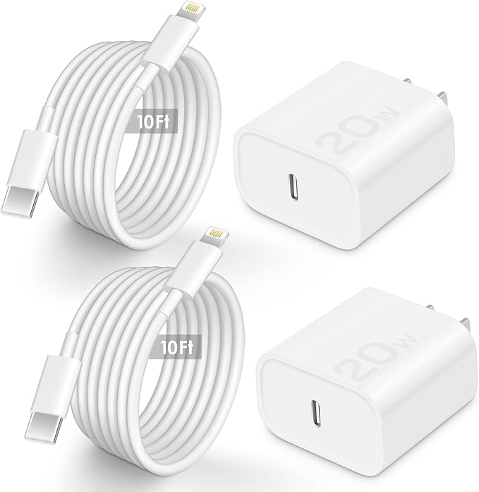 2 Pack 20W USB C PD Fast Charger with 10FT USB C to Lightning Cable Apple MFi Certified for iPhone 14 13 12 11 iPad