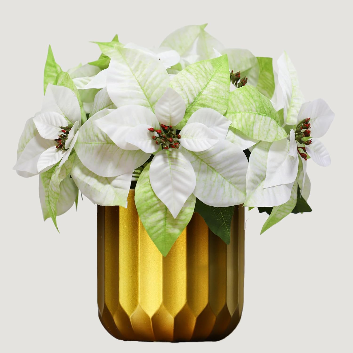 Poinsettia Flowers Artificial In Golden Vase, 12 Heads Winter Flowers, 16.5" Artificial Poinsettias Winter Decor For Table Centerpiece, Home & Office (Gradient White Green)