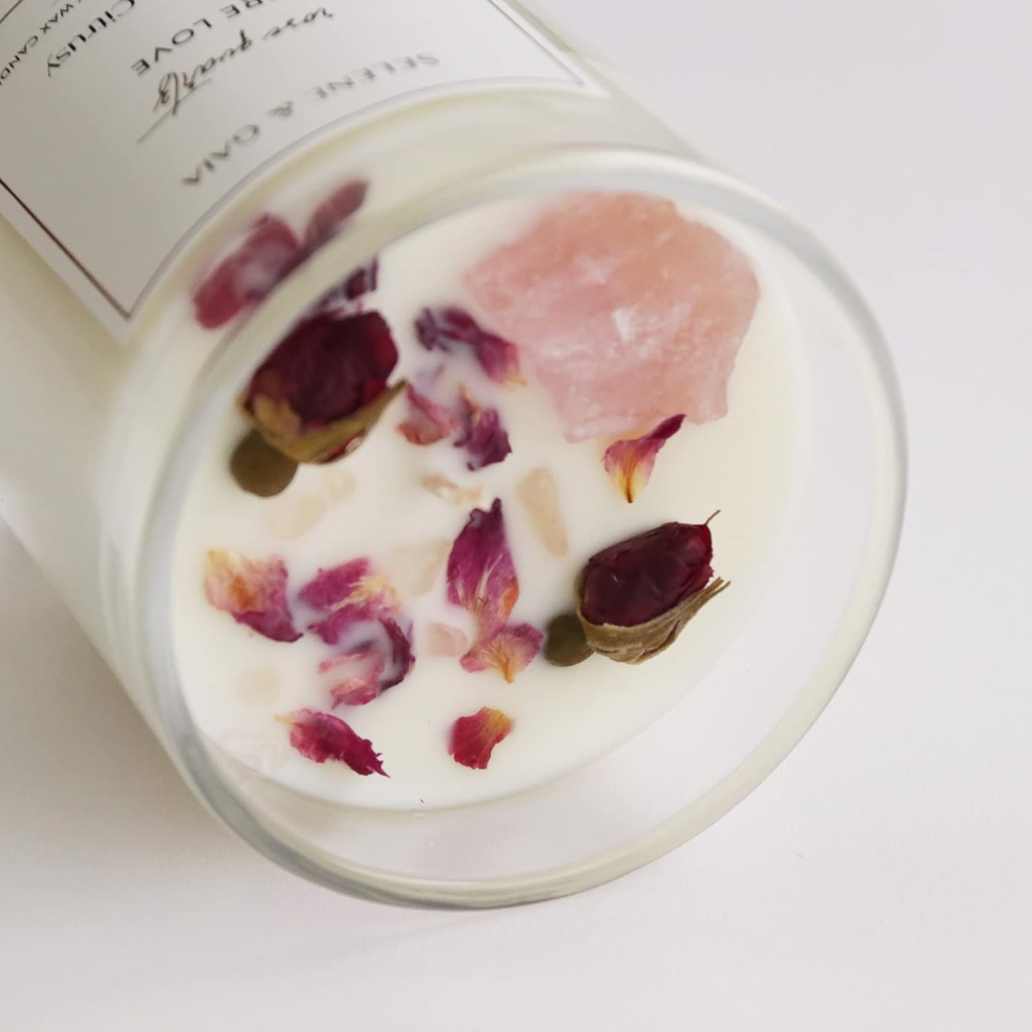 Crystal Candles with Rose Quartz Crystals and Roses, Love Manifestation Candles, Mother's Day Spiritual Gifts for Women, Sweet Citrus Scent Soy Wax Candle, Unique Gift for Mom, Daughter (Pure Love)