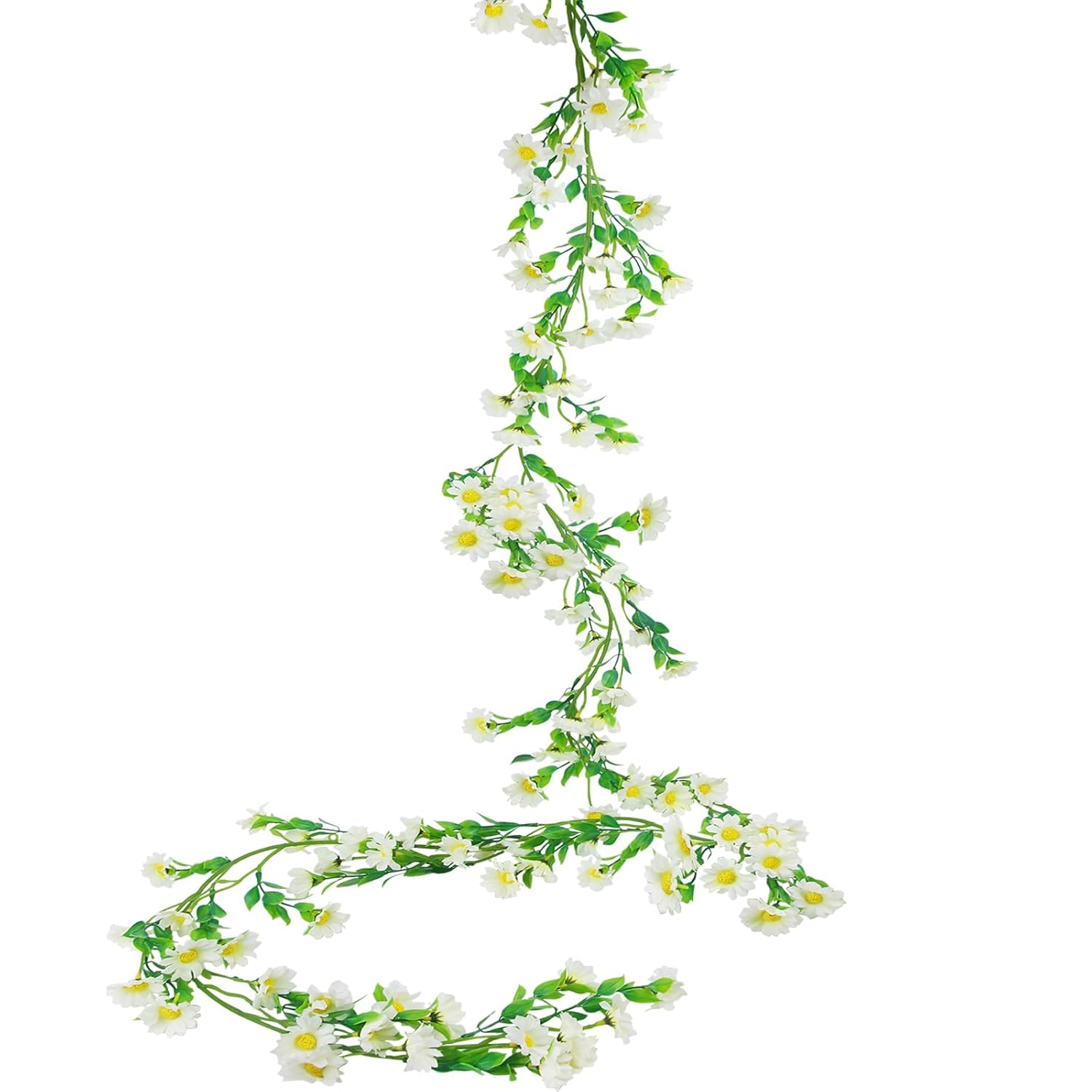 Artificial Daisy Flowers Vine Silk Wildflower Garland Spring Fake Flower Vine Hanging Ivy White Daisy Flowers Green Leaves For Wall Party Wedding Arch Floral Decor Home Indoor Outdoor Ceremony