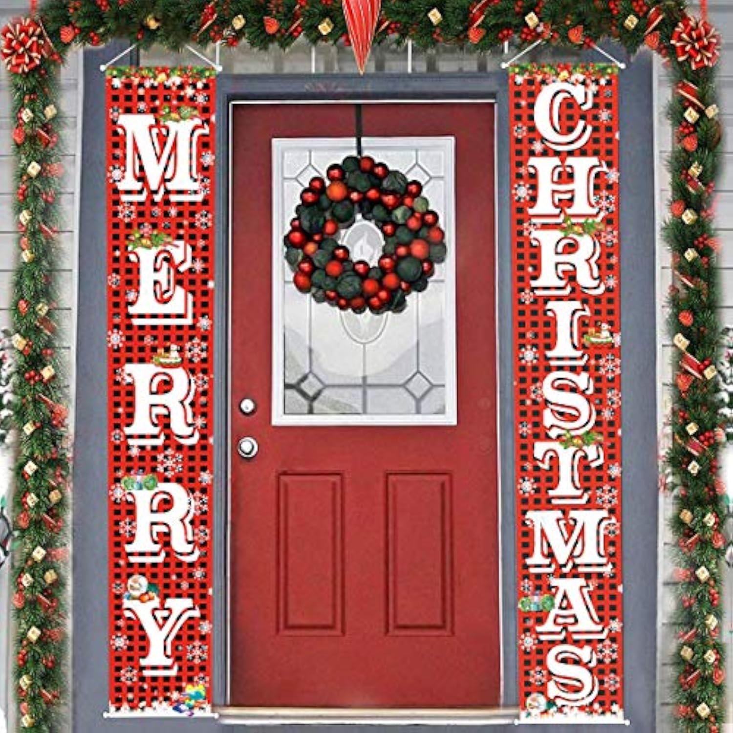 Merry Christmas Hanging Banner Porch Sign With Pattern Christmas Tree Presents Snow Banner For Home Yard Indoor Outdoor Wall Door Christmas Party Decorations 72"X12"