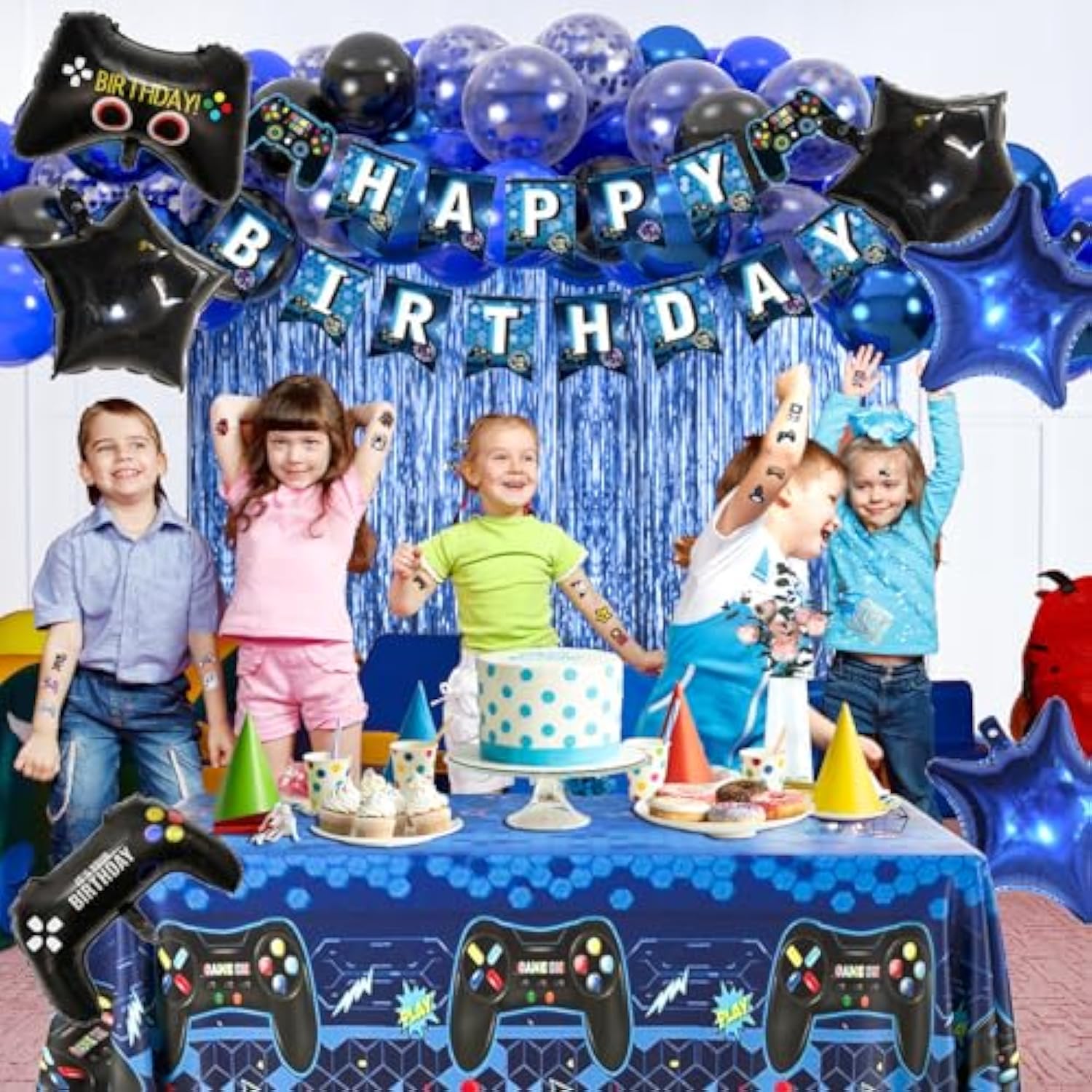 184Pcs Video Game Birthday Party Decorations For Boys, Gamer Birthday Party Favors With Happy Birthday Banner, Curtains Backdrop, Tablecloth, Balloons, Foil Gaming Balloons, Stickers(Blue?